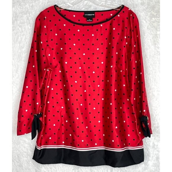 Liz Claiborne Tops - Liz Claiborne Medium 3/4 Sleeve Red Black Polka Dot White Heart Top Silky